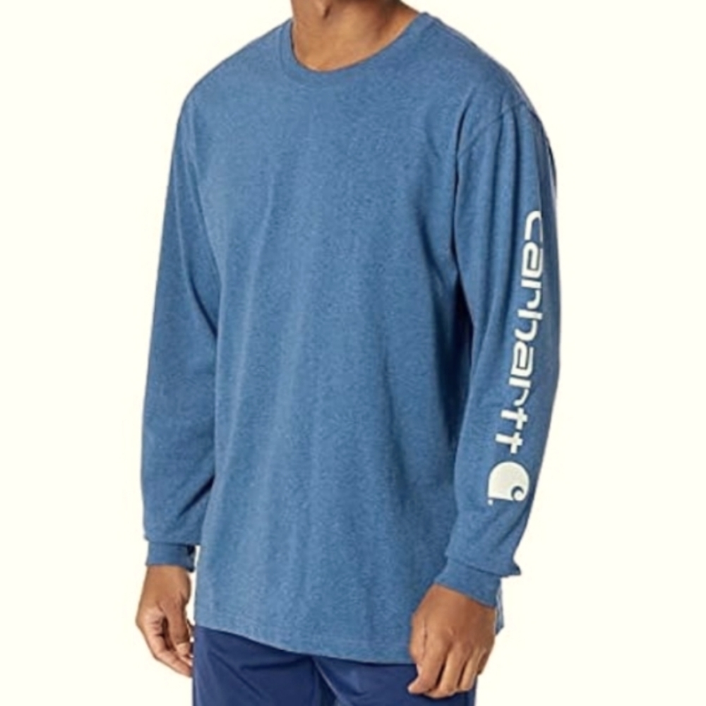 Carhartt (Size M) Men's Blue Graphic Logo LS Crewneck Basic Thick Outdoor Shirt